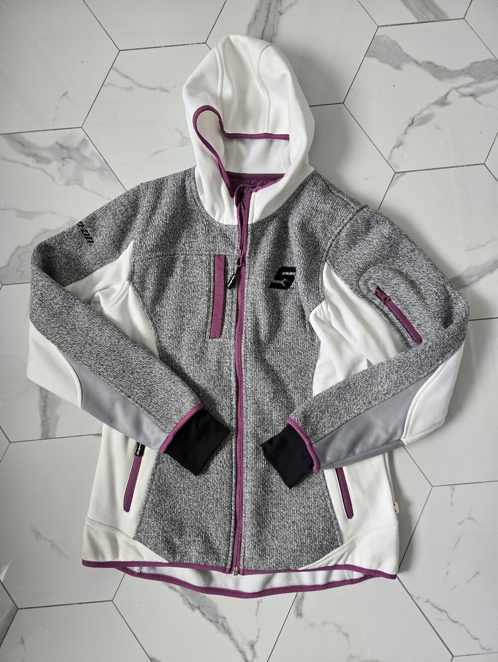 Women's Snap-On Gray & White Hooded Jacket with Pink Trim